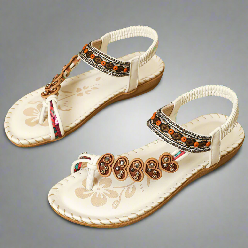 Women's Flat Sandals – Beaded Floral T-Strap with Elastic Ankle Strap, Multi-Color-83364-55cd0626-5d3c-42cc-80b0-5948d50fcab1