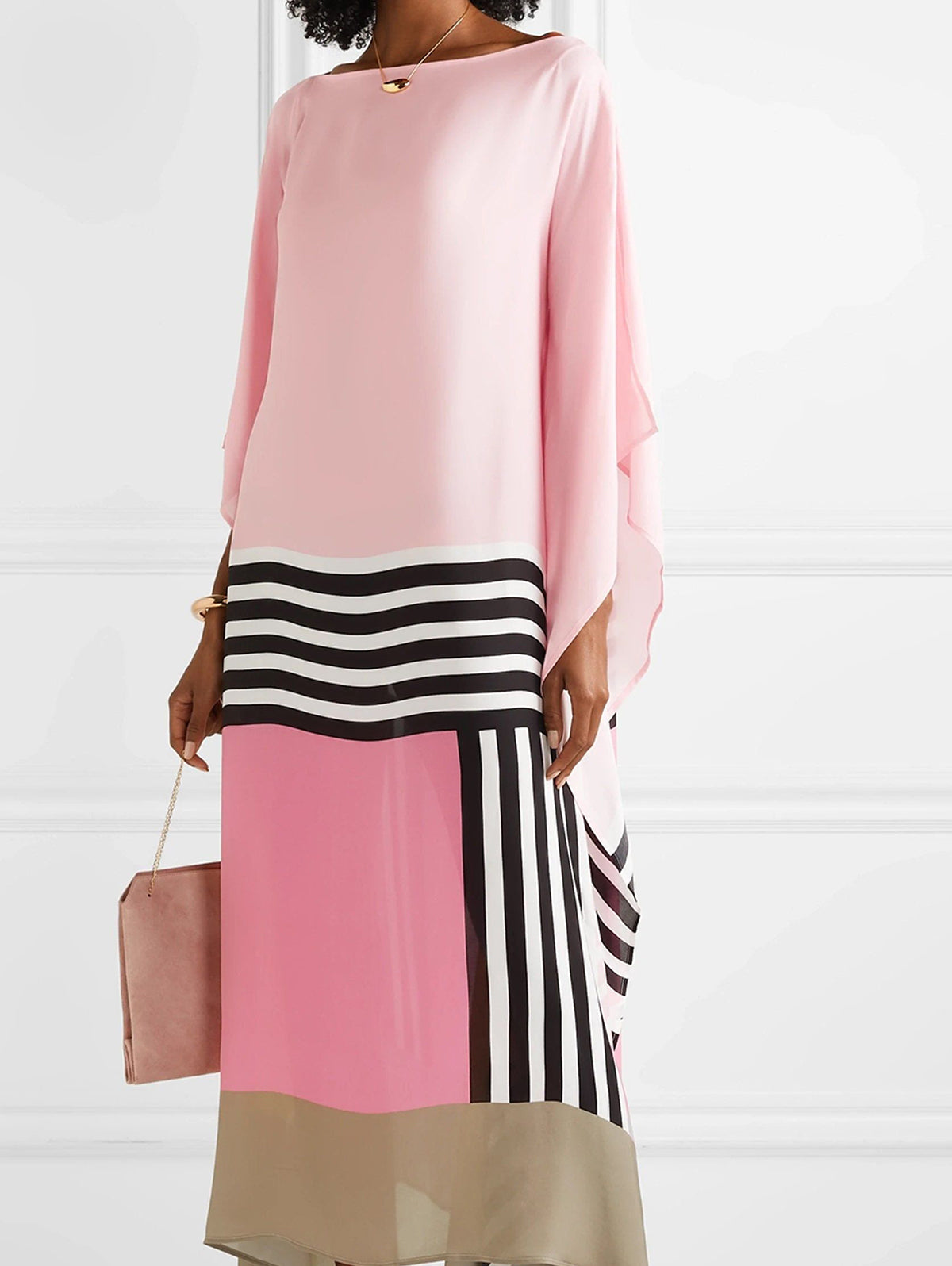 Women's Color-Block Caftan Midi Dress – Silk Blend, Asymmetrical Hem-83243-57043b39-8de4-4e11-8844-f331cc0b75bf