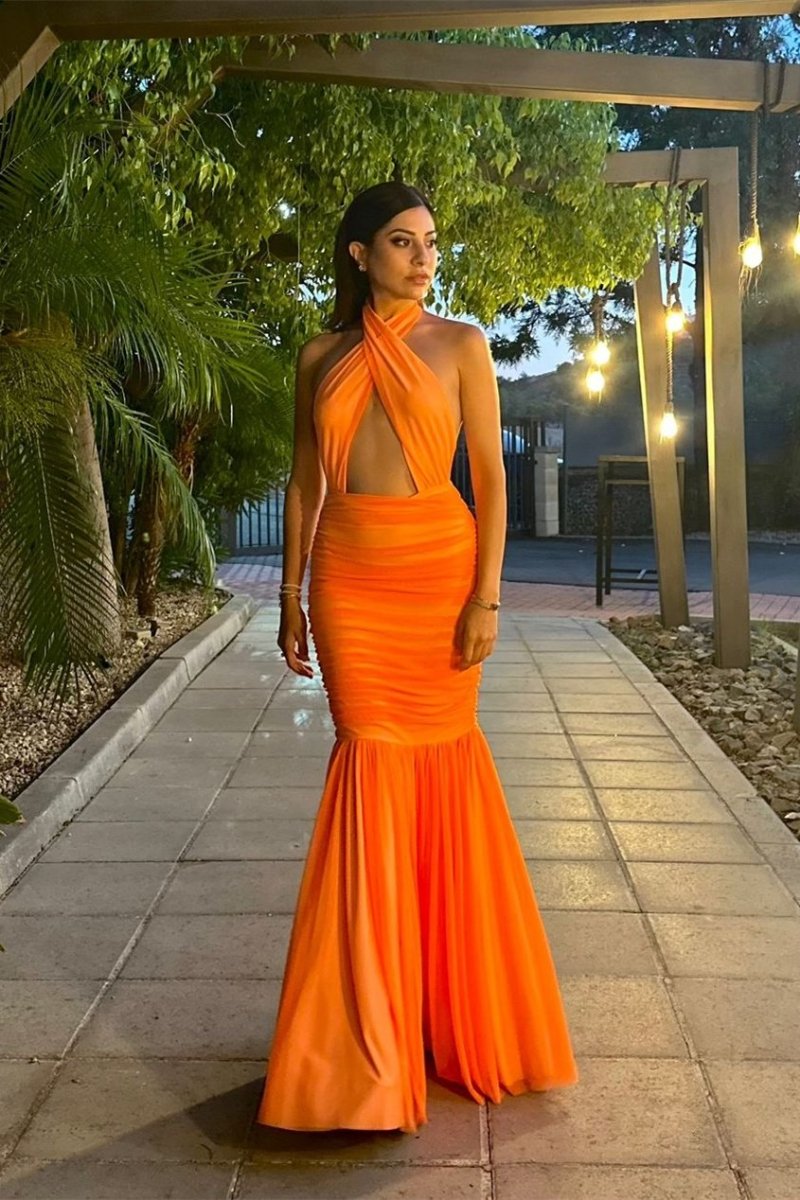 Women's Orange Halter Maxi Dress – Keyhole Cutout, Ruched Bodice, Pleated Skirt, Synthetic-81043-5813582d-ed12-457f-918a-e38e3a7bafb1
