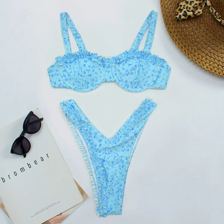 Women's Underwire Bikini Swimsuit – Ruffle Trim, Floral Print, High-Cut Bottom, Multi-Color Spandex-77100-58d7a145-54ec-4165-b577-ff059a96871a