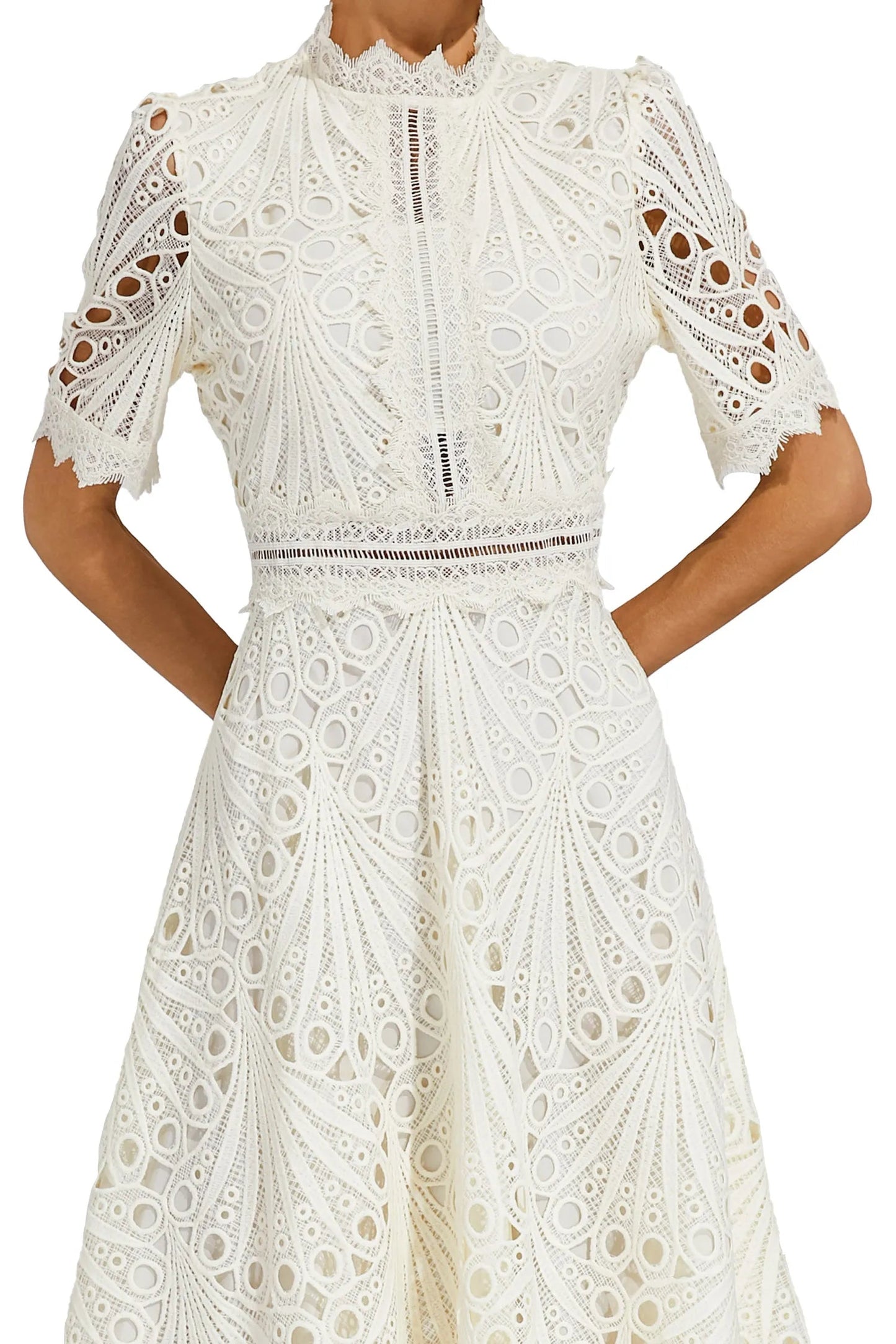 Women's Lace Midi Dress – High Neck, Short Sleeve, Cut-Out Detail-83326-5bf43432-6b28-4780-ac74-7dee4c16a068