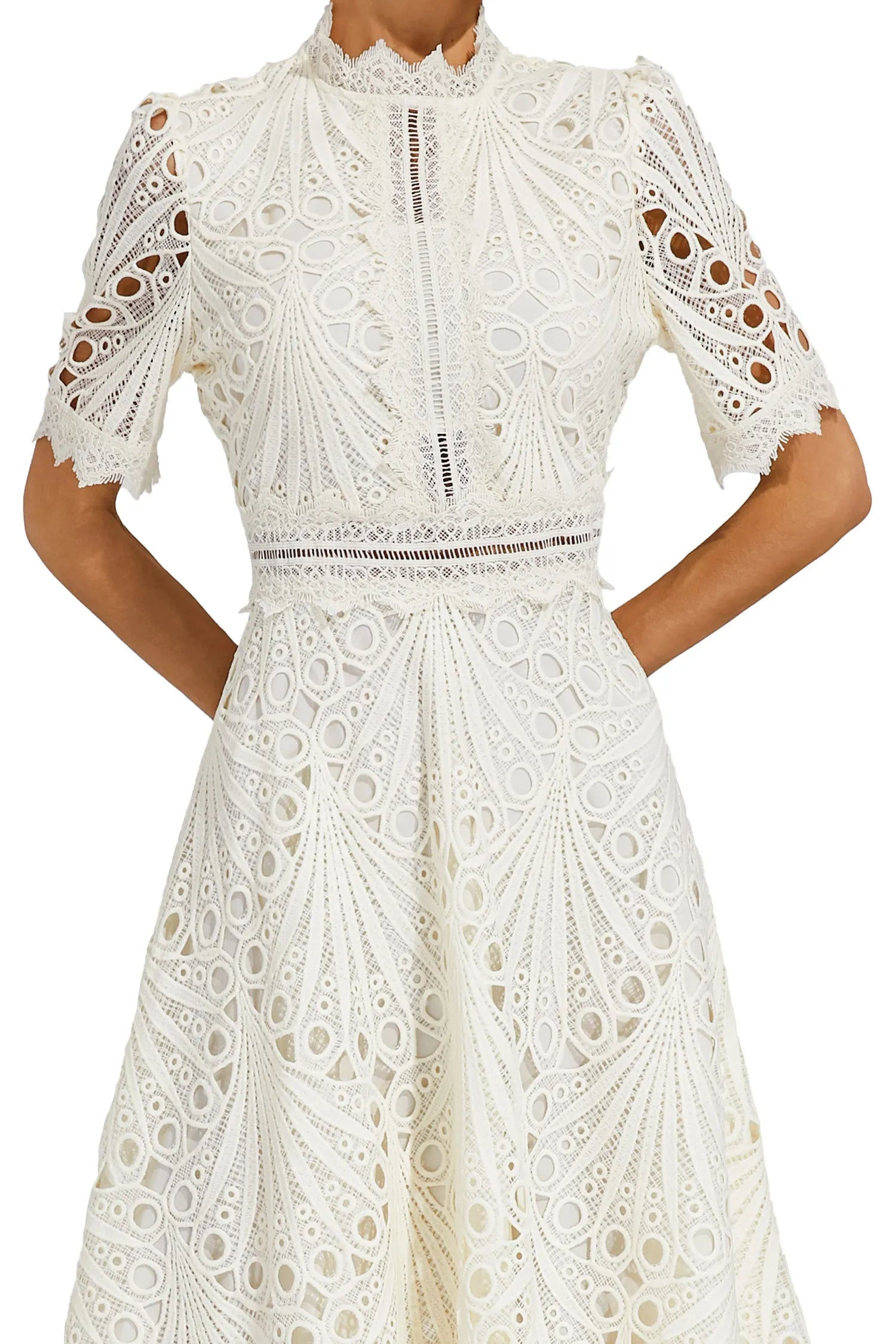 Women's Lace Midi Dress – High Neck, Short Sleeve, Cut-Out Detail-83326-5bf43432-6b28-4780-ac74-7dee4c16a068