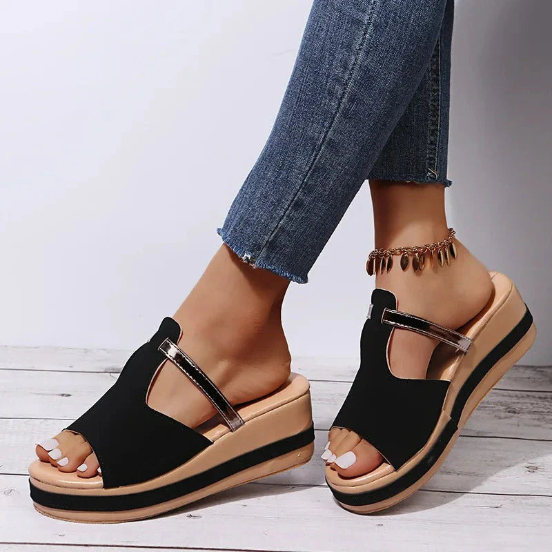 Women's Platform T-Strap Open-Toe Sandals – White, Gold, Black Synthetic Leather-67645-5c01f4a1-743a-47cf-b264-7a273afbf598