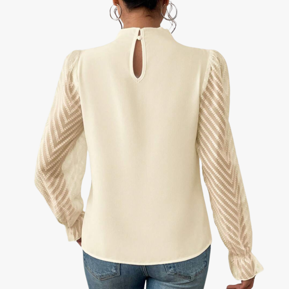 Women's Blouse – Cream Sheer Chevron Sleeve, High Neck, Pleated Polyester-67739-5d798e70-c586-4a5e-ad57-925678c298bc
