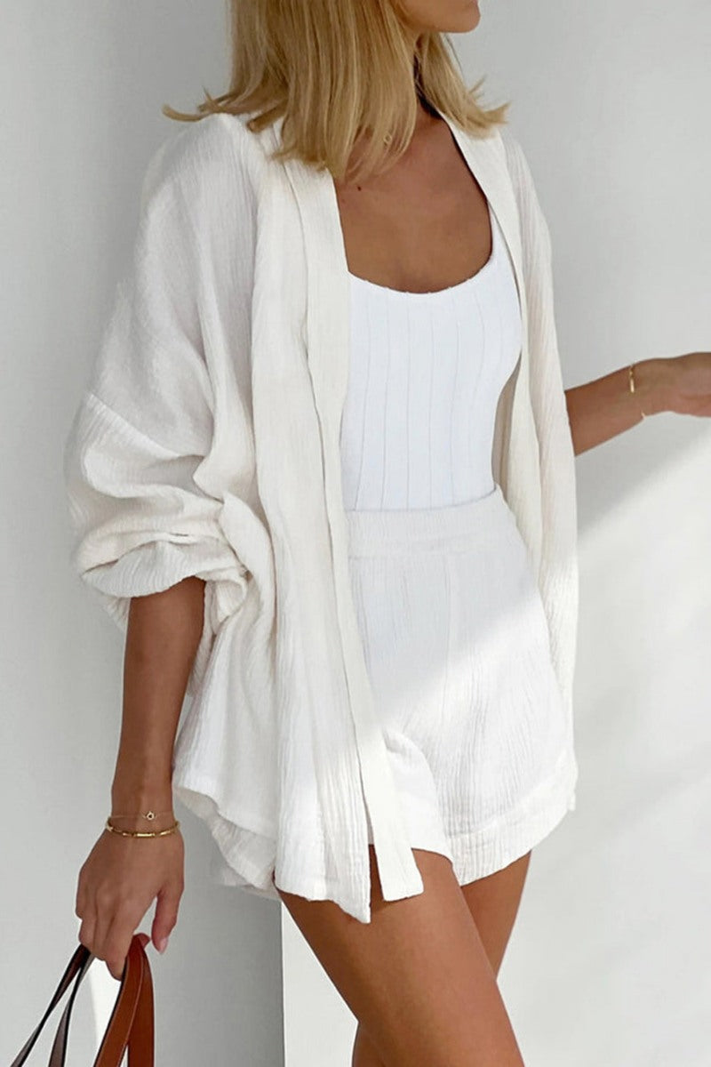 Women's White Textured Wrap Top & High-Waisted Shorts Set with Wide Sleeves, Cotton Blend, Bohemian Style-79799-5e65665d-65a8-425a-adab-bff86cdc28e2
