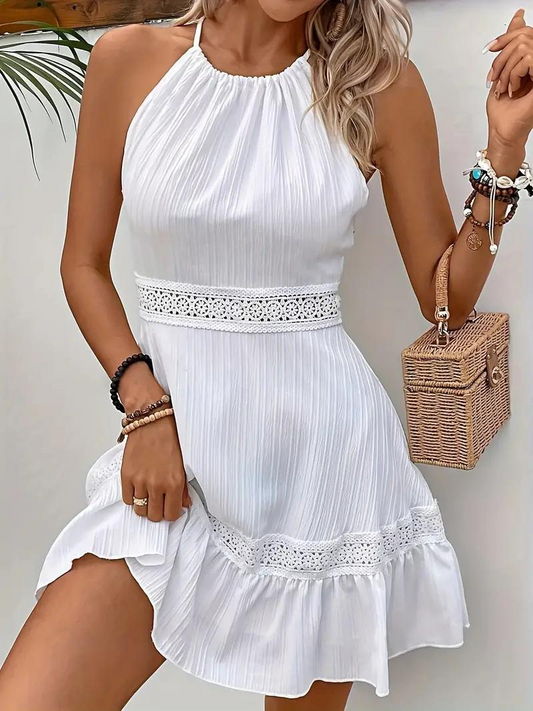 Women's White Halter Dress – Lace Trim, Ruffled Hem, Flowy Skirt-82373-5f5ab444-9cb8-4dec-8c8c-c4097d369db9