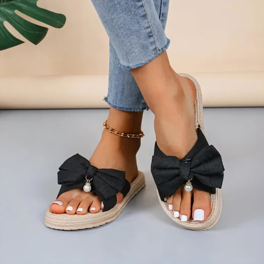Women's Slide Sandals – Decorative Bow, Rope-Textured Sole, Slip-On Style-60191-370f2cae-2171-4241-ac35-0100cf2d0c08