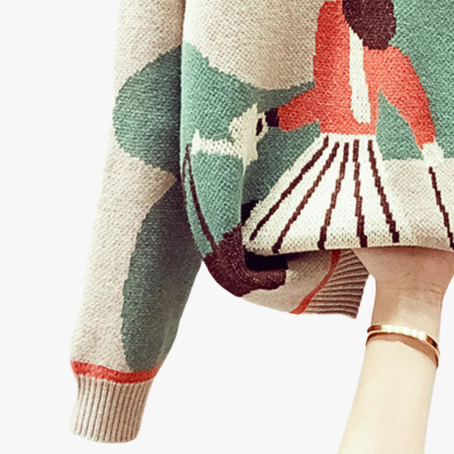 Women's Knitted Sweater - Black Oversized, Whimsical Outdoor Scene, Cropped Hem-60294-caca817b-8d2f-416f-9ecb-3505e7b517ef