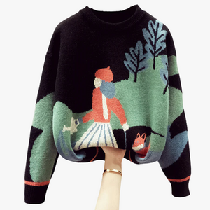 Women's Knitted Sweater - Black Oversized, Whimsical Outdoor Scene, Cropped Hem-60294-257e5e7b-c918-4868-9a07-fc895477c08a