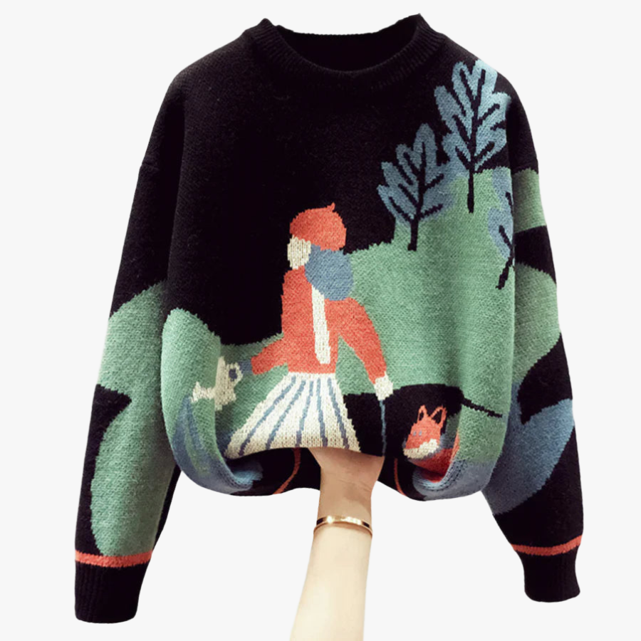 Women's Knitted Sweater - Black Oversized, Whimsical Outdoor Scene, Cropped Hem-60294-257e5e7b-c918-4868-9a07-fc895477c08a