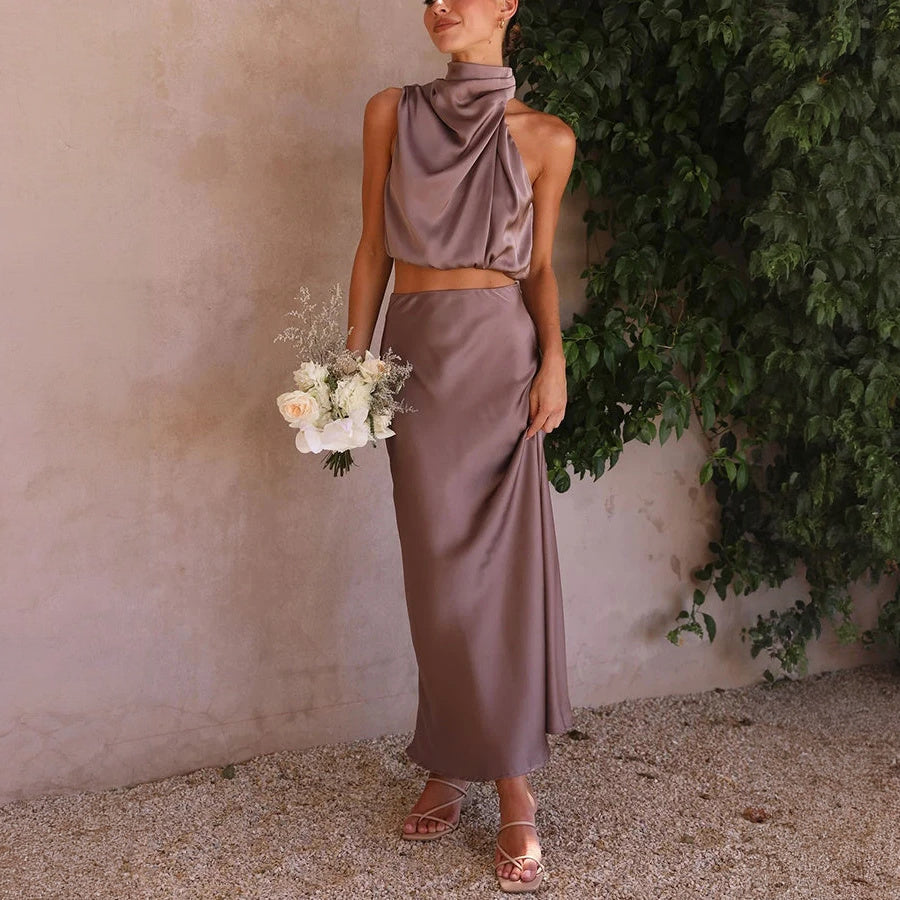 Women's Sage Green Satin Two-Piece Dress – Halter Crop Top, Flowing Maxi Skirt-60296-a15ee047-f964-44a7-91f1-6b0f4ed27965