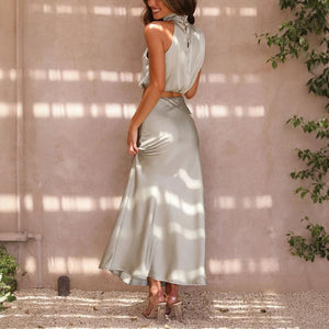 Women's Sage Green Satin Two-Piece Dress – Halter Crop Top, Flowing Maxi Skirt-60296-6317de82-c870-4853-8d45-c665c091e5a6