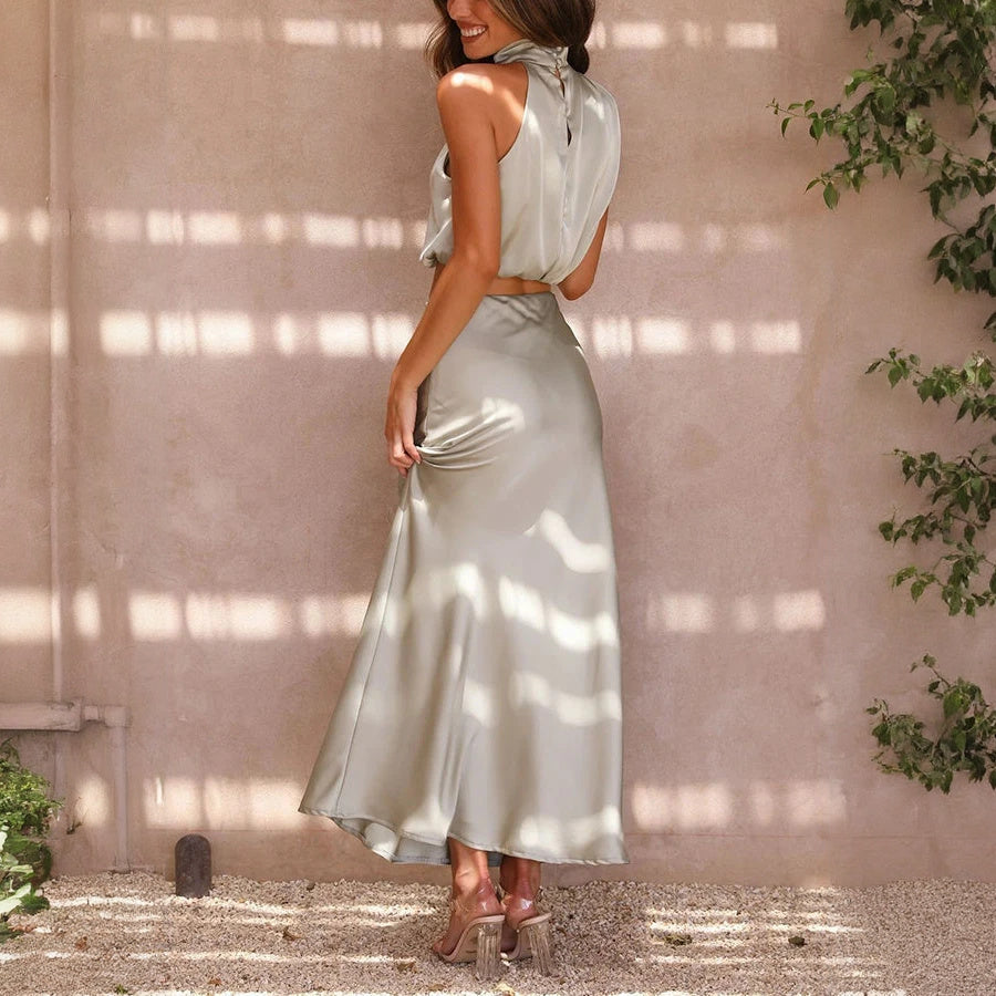 Women's Sage Green Satin Two-Piece Dress – Halter Crop Top, Flowing Maxi Skirt-60296-6317de82-c870-4853-8d45-c665c091e5a6