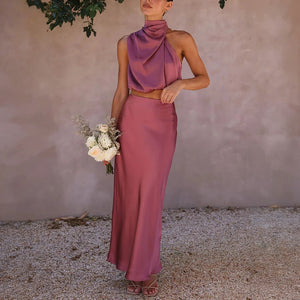 Women's Sage Green Satin Two-Piece Dress – Halter Crop Top, Flowing Maxi Skirt-60296-84d266d6-82d6-4f93-857f-611bb01a71dc