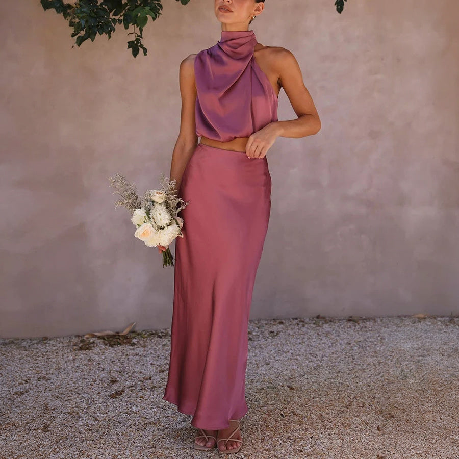 Women's Sage Green Satin Two-Piece Dress – Halter Crop Top, Flowing Maxi Skirt-60296-84d266d6-82d6-4f93-857f-611bb01a71dc
