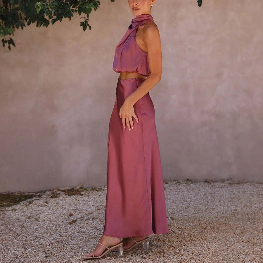 Women's Sage Green Satin Two-Piece Dress – Halter Crop Top, Flowing Maxi Skirt-60296-d17f153d-aec2-4586-bf07-589cfade4bff