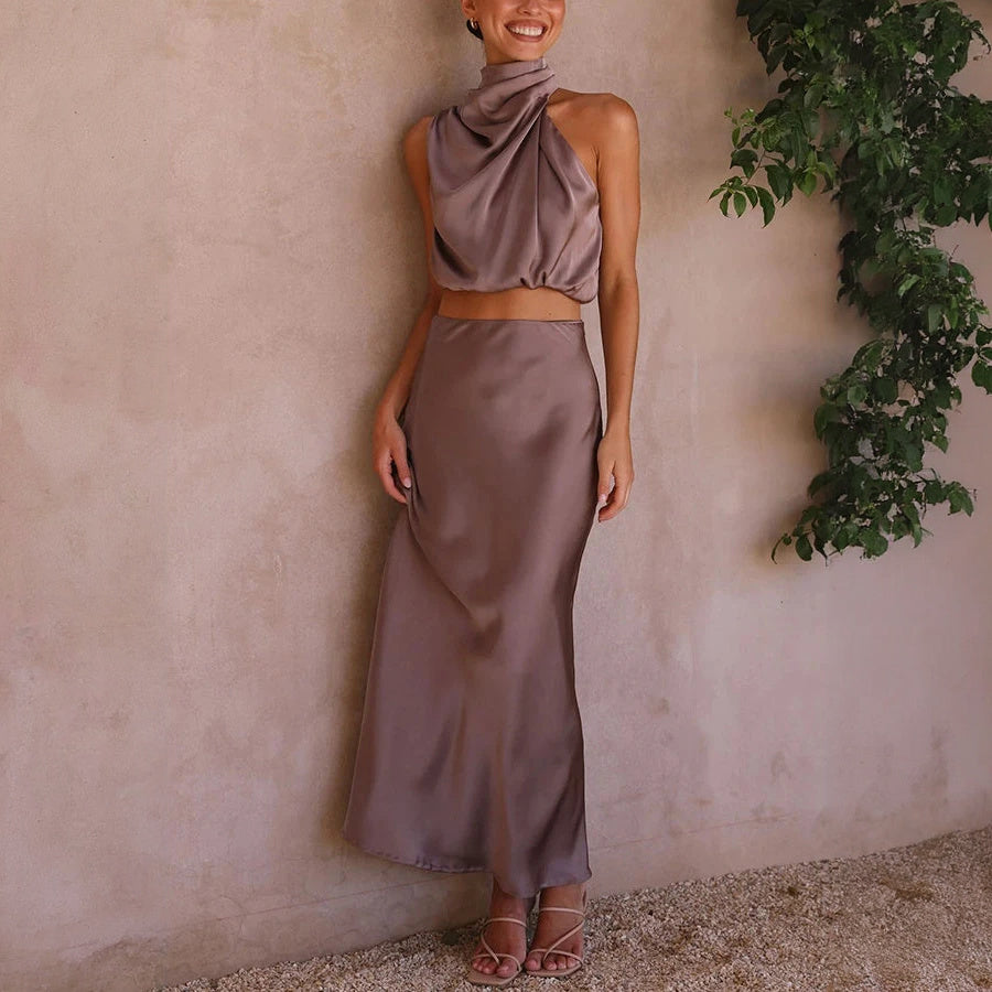 Women's Sage Green Satin Two-Piece Dress – Halter Crop Top, Flowing Maxi Skirt-60296-725d533b-313f-4b65-a8c3-05e9aa174027