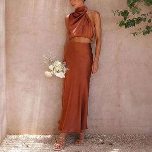 Women's Sage Green Satin Two-Piece Dress – Halter Crop Top, Flowing Maxi Skirt-60296-03a0dca2-0541-4f42-8b50-50373c005d34