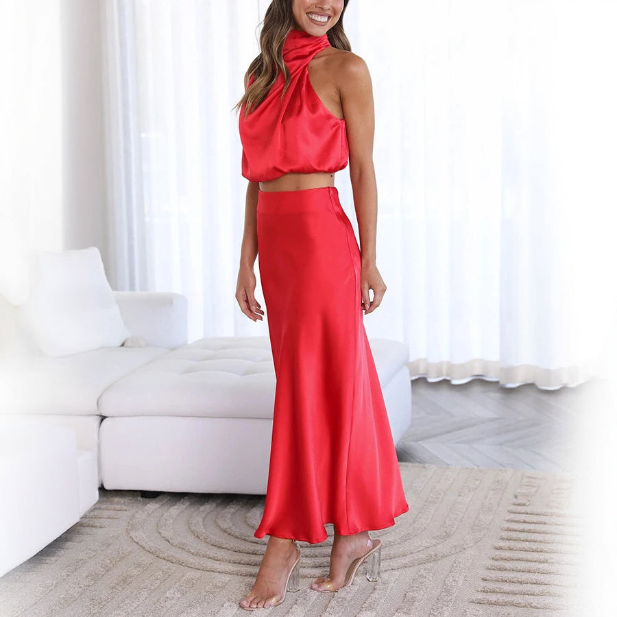 Women's Sage Green Satin Two-Piece Dress – Halter Crop Top, Flowing Maxi Skirt-60296-bb08aeea-caf4-466f-9db4-c7e1c36f7c38