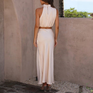Women's Sage Green Satin Two-Piece Dress – Halter Crop Top, Flowing Maxi Skirt-60296-2f520125-ea25-4a9f-ba44-886121495b28
