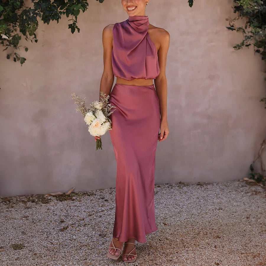 Women's Sage Green Satin Two-Piece Dress – Halter Crop Top, Flowing Maxi Skirt-60296-2a8a3769-699e-44a8-a6be-487a5f1ff937