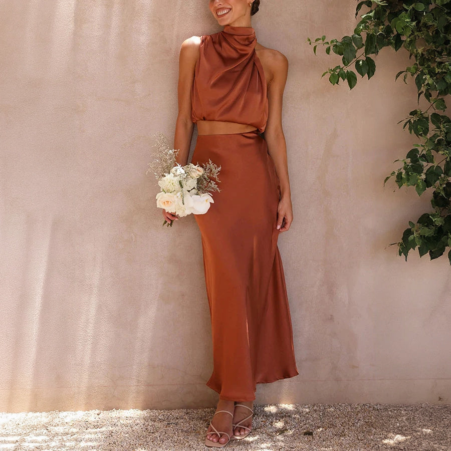 Women's Sage Green Satin Two-Piece Dress – Halter Crop Top, Flowing Maxi Skirt-60296-6d64c92c-5890-42cc-b672-02badc7c975e