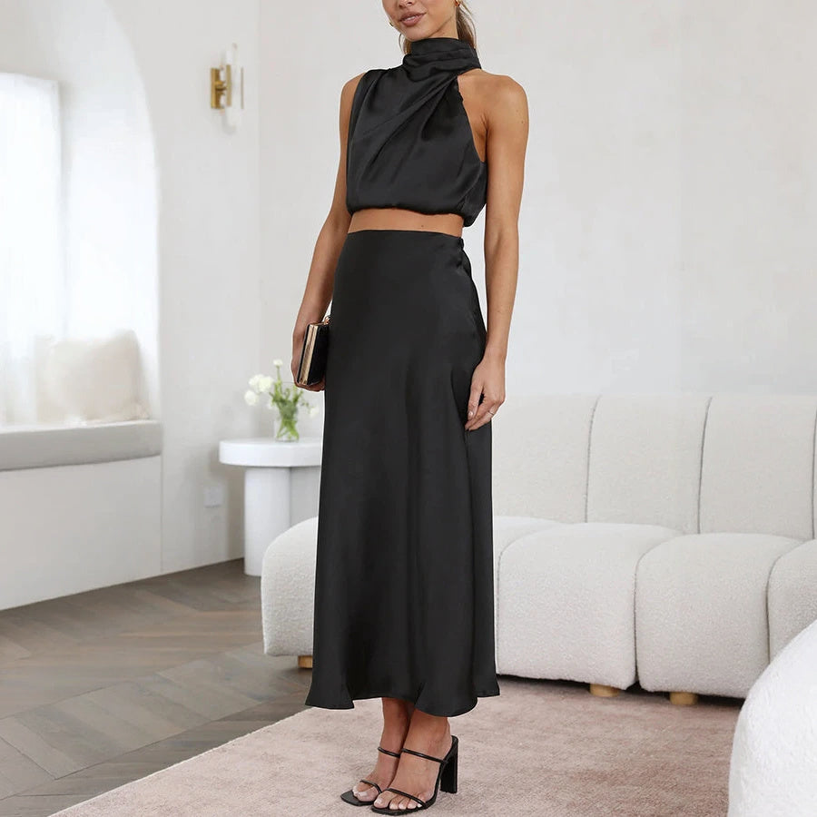 Women's Sage Green Satin Two-Piece Dress – Halter Crop Top, Flowing Maxi Skirt-60296-cc790d2d-ece5-4dff-8d8e-84bdcbe9a550