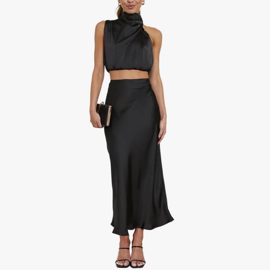 Women's Sage Green Satin Two-Piece Dress – Halter Crop Top, Flowing Maxi Skirt-60296-08914d1c-f4a7-47aa-ab72-d842b637b430