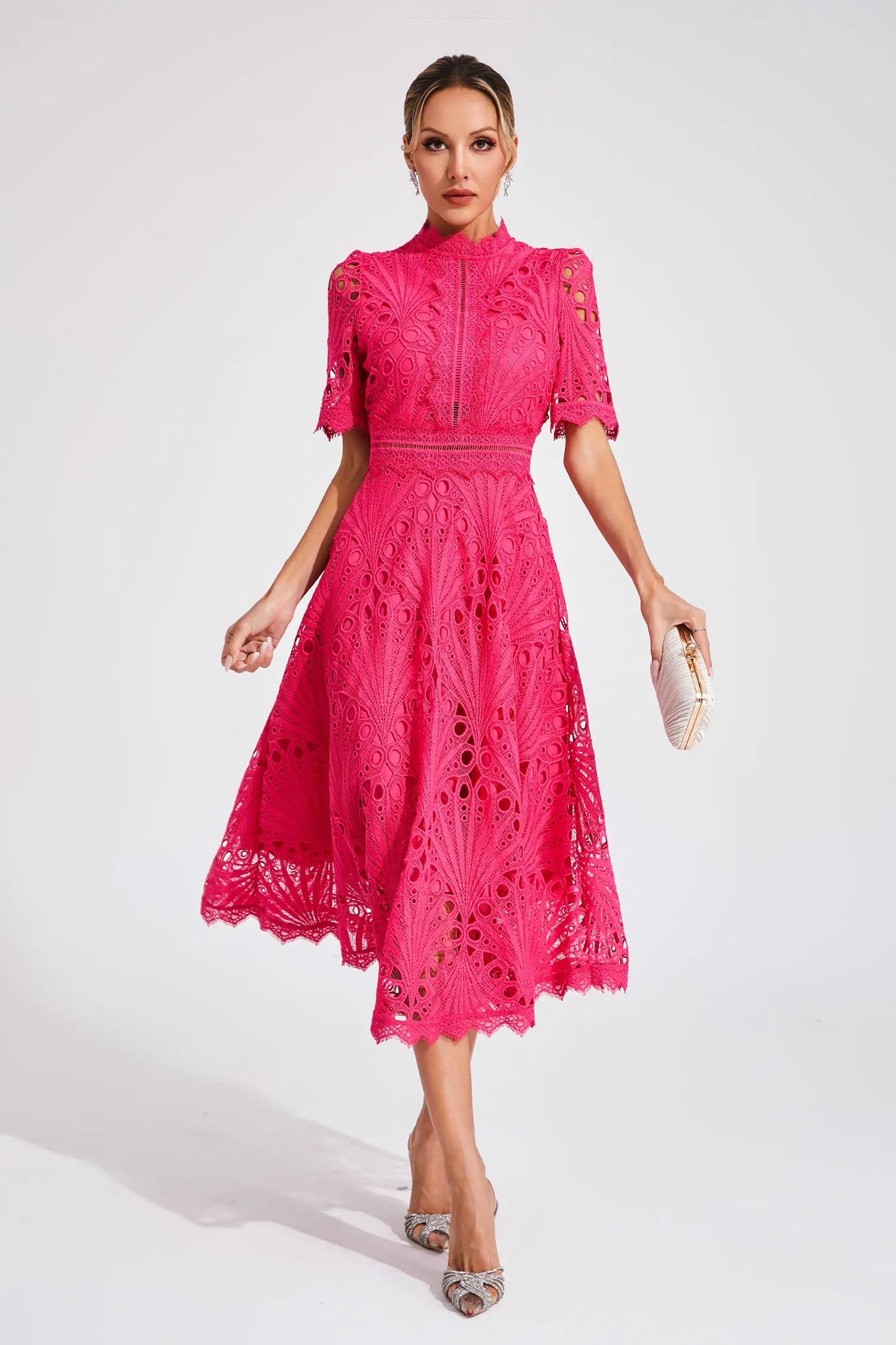 Women's Lace Midi Dress – High Neck, Short Sleeve, Cut-Out Detail-83326-609b8a51-d874-433b-8d0f-f536e1c34c5e