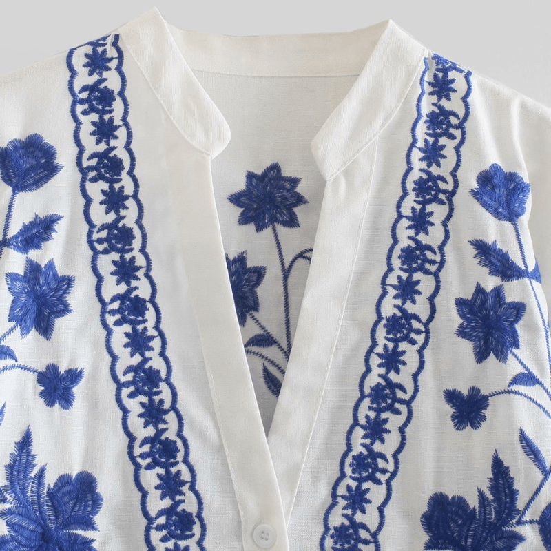 Women's White Cotton Jacket – Blue Embroidered Floral, Relaxed Fit, Flared Sleeves, Bohemian Style-67638-6187580d-a6cb-49a6-b990-f8de2e5033a8