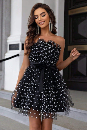 Women's Black Strapless Polka Dot Tulle Mini Dress with Ruffled Bodice & Satin Bow-81042-622586b4-a2df-48f5-b958-60cc7f28bfcd