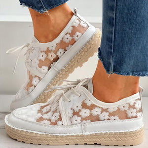 Women's Sneakers – Beige White Floral Mesh Lace-Up, Cushioned Elevated Sole, Lightweight Casual-62981-9ac36c6f-16cc-4625-b356-af9060af0d6e
