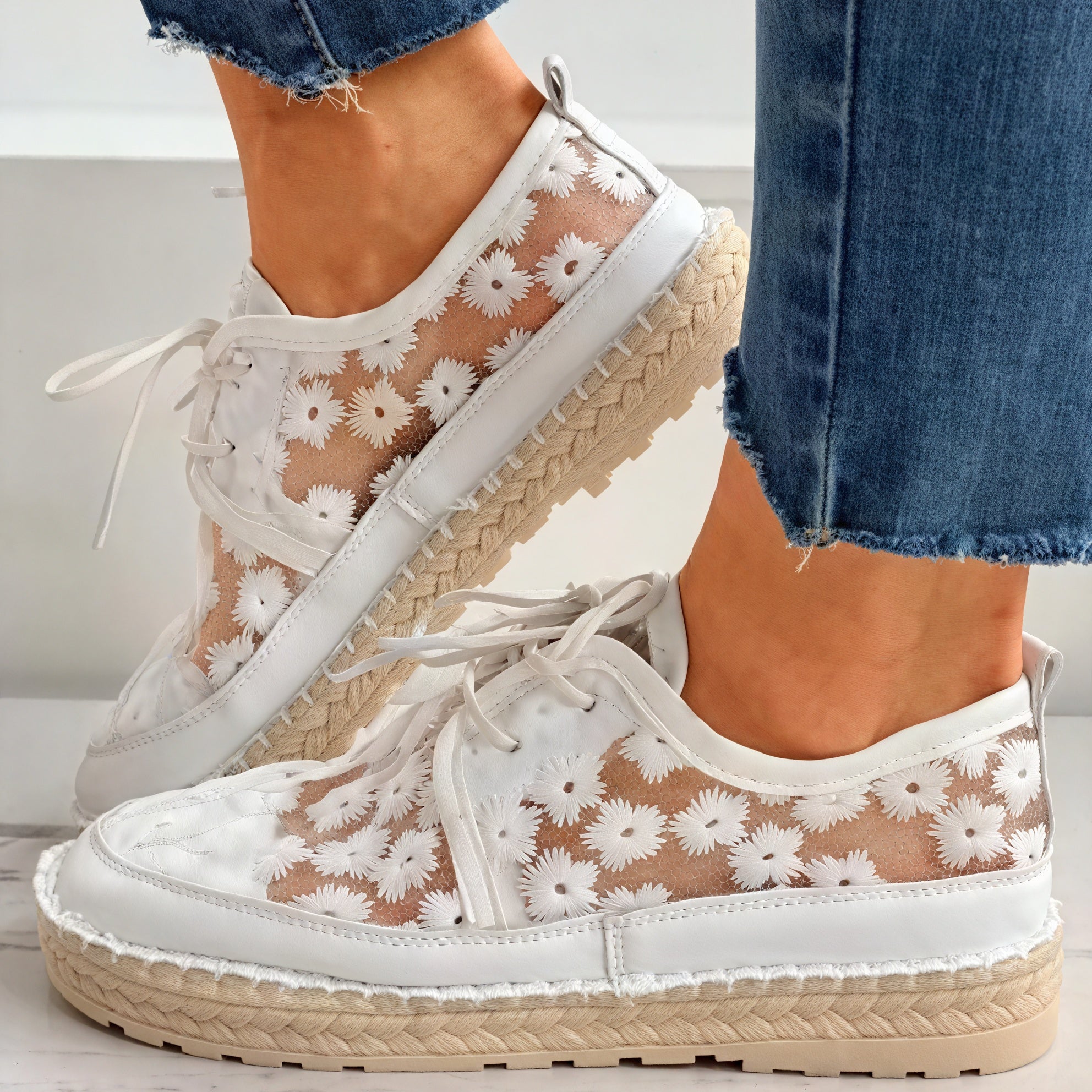 Women's Sneakers – Beige White Floral Mesh Lace-Up, Cushioned Elevated Sole, Lightweight Casual-62981-9ac36c6f-16cc-4625-b356-af9060af0d6e