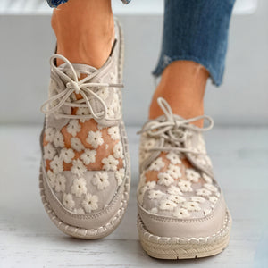 Women's Sneakers – Beige White Floral Mesh Lace-Up, Cushioned Elevated Sole, Lightweight Casual-62981-51abd4bb-8a5e-48b1-9b58-f25367dc1350