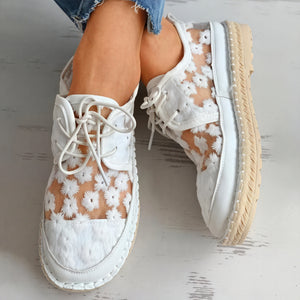Women's Sneakers – Beige White Floral Mesh Lace-Up, Cushioned Elevated Sole, Lightweight Casual-62981-5e23edc6-9785-475b-9c87-c92ad0f37bff