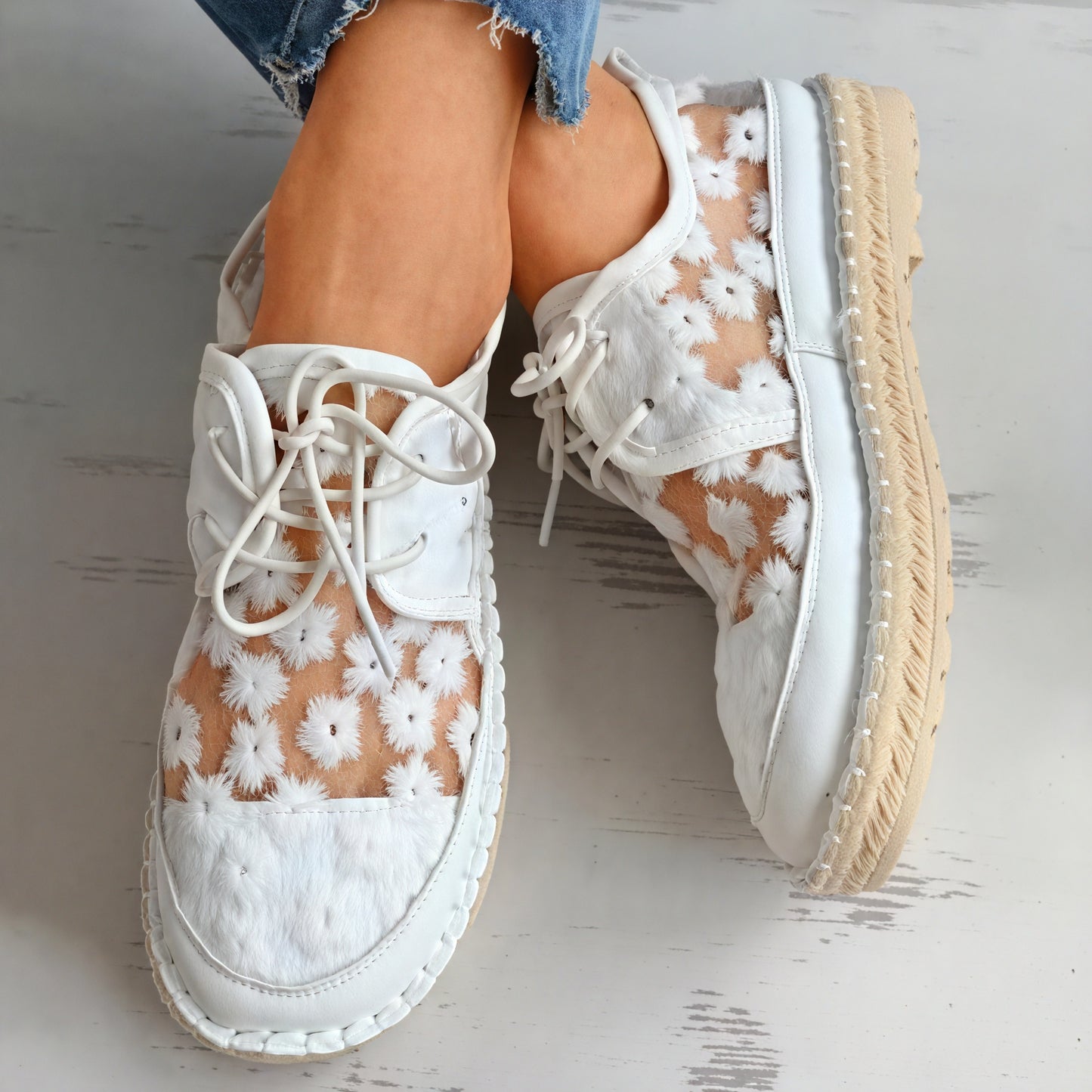 Women's Sneakers – Beige White Floral Mesh Lace-Up, Cushioned Elevated Sole, Lightweight Casual-62981-5e23edc6-9785-475b-9c87-c92ad0f37bff