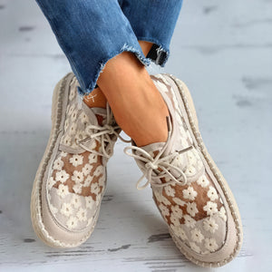 Women's Sneakers – Beige White Floral Mesh Lace-Up, Cushioned Elevated Sole, Lightweight Casual-62981-66bac54e-51ad-40cd-8e5a-9c3f4476f076