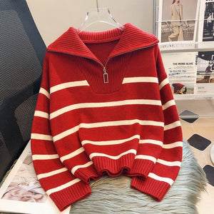 Women's Half-Zip Striped Knit Sweater – Oversized Fit, Cotton Blend-71079-636f351f-1b0f-455e-8ff1-44882124f60c
