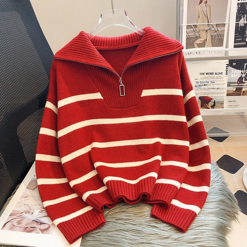 Women's Half-Zip Striped Knit Sweater – Oversized Fit, Cotton Blend-71079-636f351f-1b0f-455e-8ff1-44882124f60c