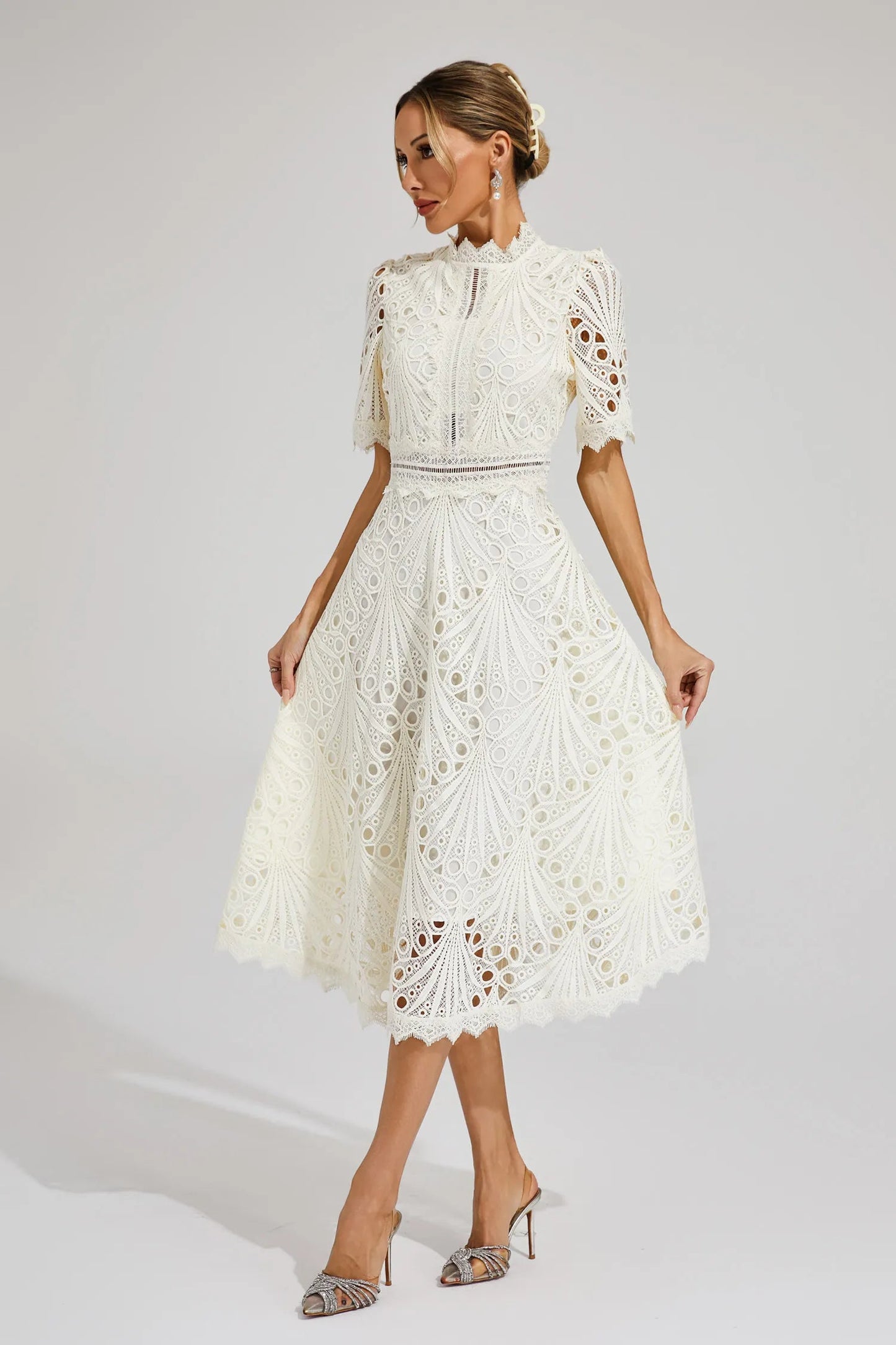 Women's Lace Midi Dress – High Neck, Short Sleeve, Cut-Out Detail-83326-637027f3-48ea-452c-a63a-b17e8337e3f8