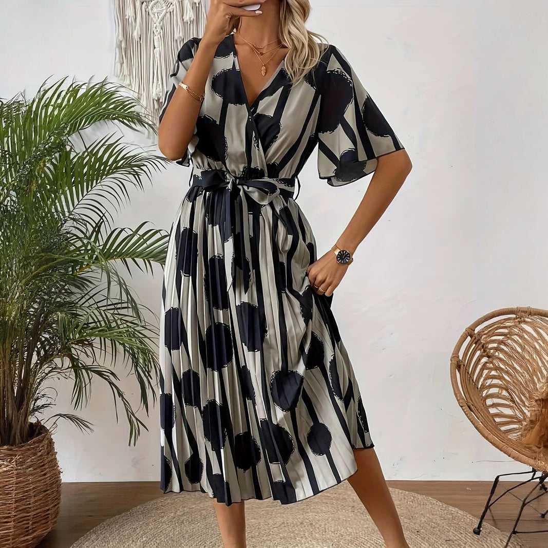 Women's Polka Dot Midi Dress – Neutral Black, Button-Down, Cinched Waist, Pleated Skirt-65174-be57b9ab-7539-45a7-be84-aae9bdf3b6a8