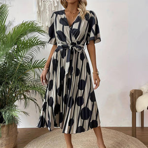 Women's Polka Dot Midi Dress – Neutral Black, Button-Down, Cinched Waist, Pleated Skirt-65174-bbc92547-debc-4d98-8c1a-7e4c6c1c9a3c
