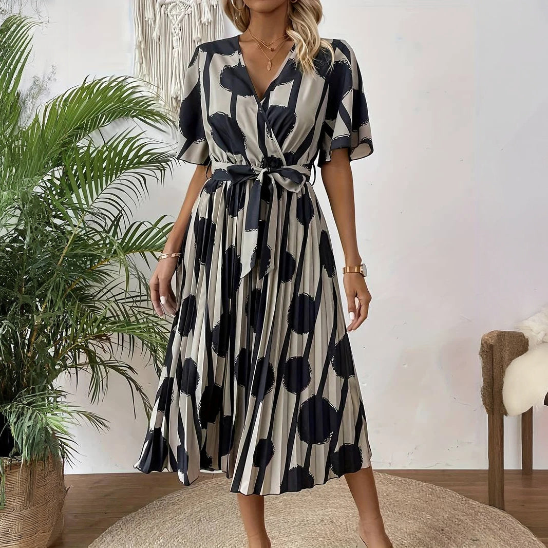 Women's Polka Dot Midi Dress – Neutral Black, Button-Down, Cinched Waist, Pleated Skirt-65174-bbc92547-debc-4d98-8c1a-7e4c6c1c9a3c