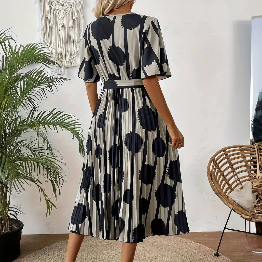 Women's Polka Dot Midi Dress – Neutral Black, Button-Down, Cinched Waist, Pleated Skirt-65174-c79cc1d4-b441-470c-a167-bca039e95fdc