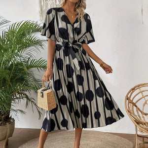 Women's Polka Dot Midi Dress – Neutral Black, Button-Down, Cinched Waist, Pleated Skirt-65174-ccd40f10-07c1-4db1-8f89-51bdfc666598