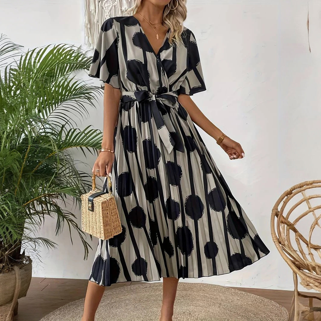 Women's Polka Dot Midi Dress – Neutral Black, Button-Down, Cinched Waist, Pleated Skirt-65174-ccd40f10-07c1-4db1-8f89-51bdfc666598