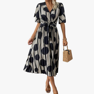 Women's Polka Dot Midi Dress – Neutral Black, Button-Down, Cinched Waist, Pleated Skirt-65174-e247288d-1260-48e5-a599-099afb3173a6