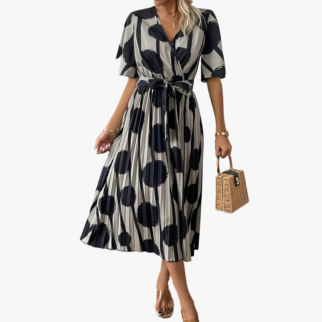 Women's Polka Dot Midi Dress – Neutral Black, Button-Down, Cinched Waist, Pleated Skirt-65174-e247288d-1260-48e5-a599-099afb3173a6