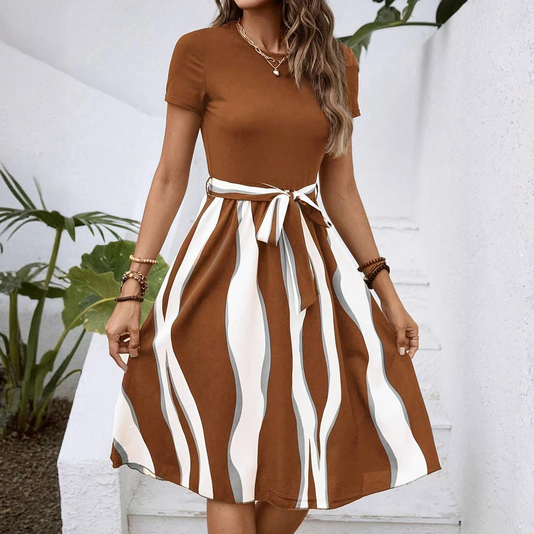 Women's Midi Dress – Flowing Wavy Stripe, Tie Waist, Short Sleeve, Casual Chic-65206-3449439e-1532-4a85-b390-e12d55c21a09