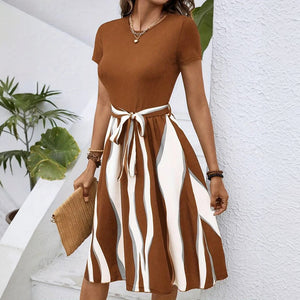 Women's Midi Dress – Flowing Wavy Stripe, Tie Waist, Short Sleeve, Casual Chic-65206-9dd3ca38-88b4-4b0e-94e0-9091b218a6a2